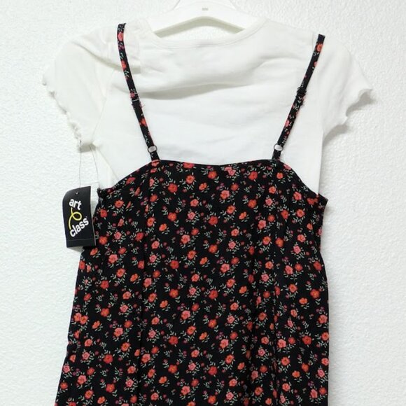 ART CLASS Girl's Black Spaghetti Strap Floral Dress with Short Sleeves Shirt - M - Picture 2 of 5